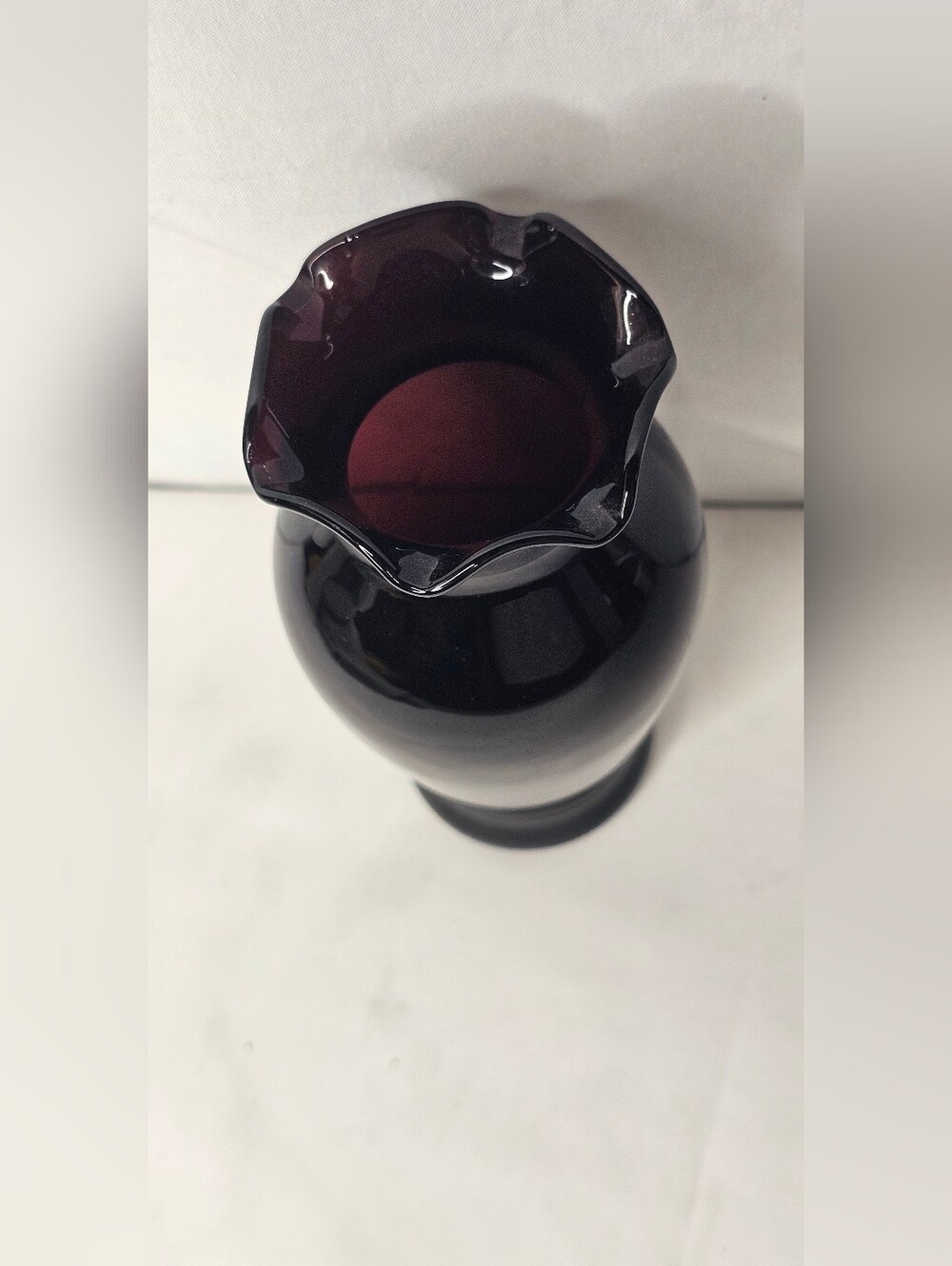 Vintage Black Amethyst Glass Ruffled Vase | 5.5" Dark Purple Crimped Rim Urn - Picture 2 of 7